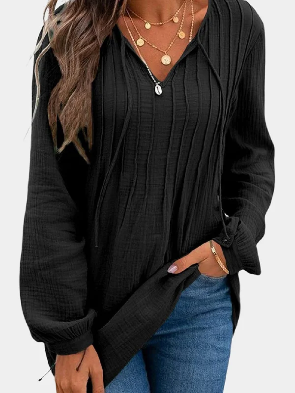 V Neck Puff Short Sleeve Pleated Fashion Casual Tunic T-Shirt Knit Fabric Woven Fabric Fleece Fabric