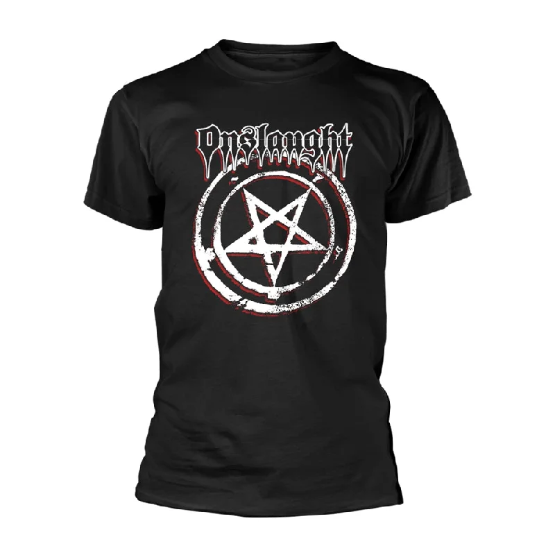 Onslaught Unisex T-shirt: Pentagram Polka Dot Checkered Tartan