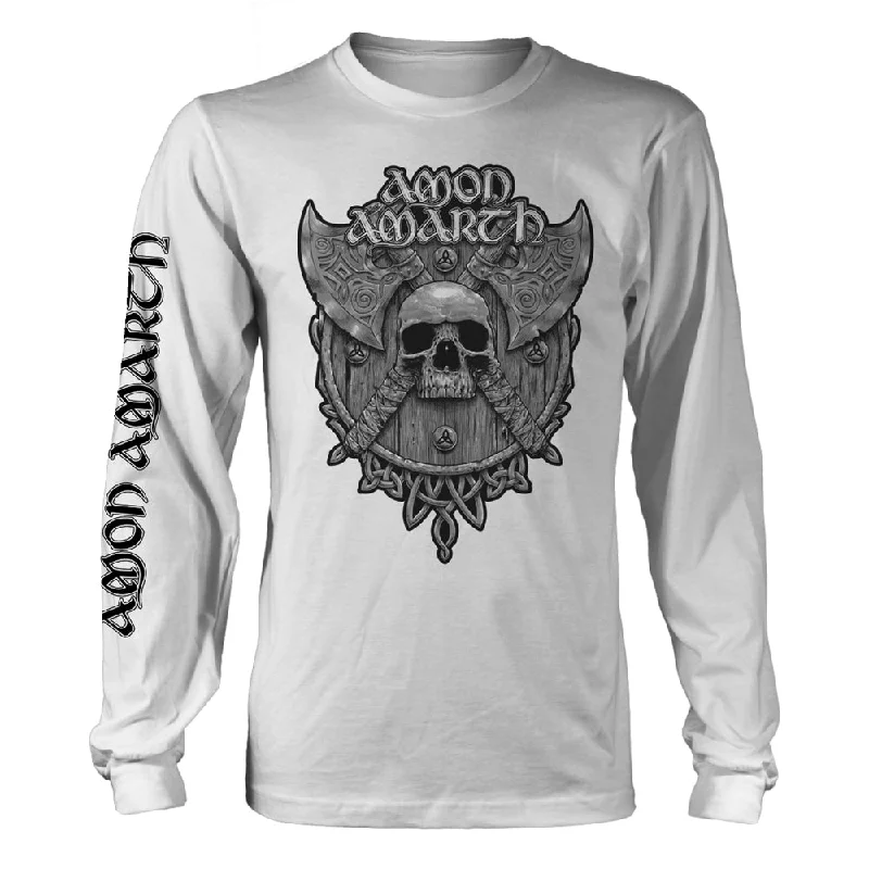 Amon Amarth Unisex Long Sleeved T-shirt: Grey Skull (White - Back Print) Chenille Blend Fleece Blend Nylon Blend