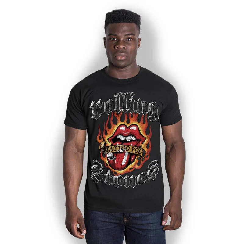 The Rolling Stones | Official Band T-Shirt | Flaming Tattoo Tongue Hooded Caped Shawl Collar