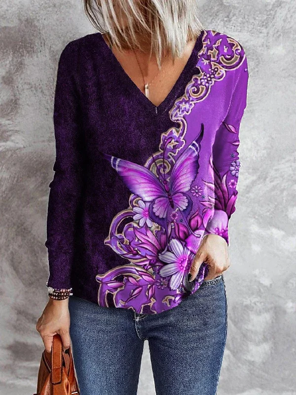 Butterfly Print V-Neck Long Sleeve T-Shirt Front Pockets Side Pockets Patch Pockets