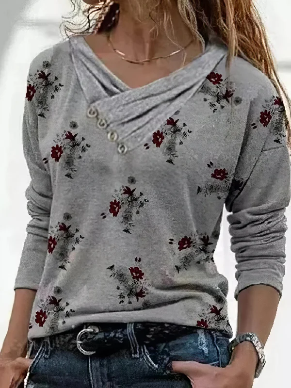 Floral Print Button Detail Long Sleeve T-Shirt Layered Multi-layer Single Layer