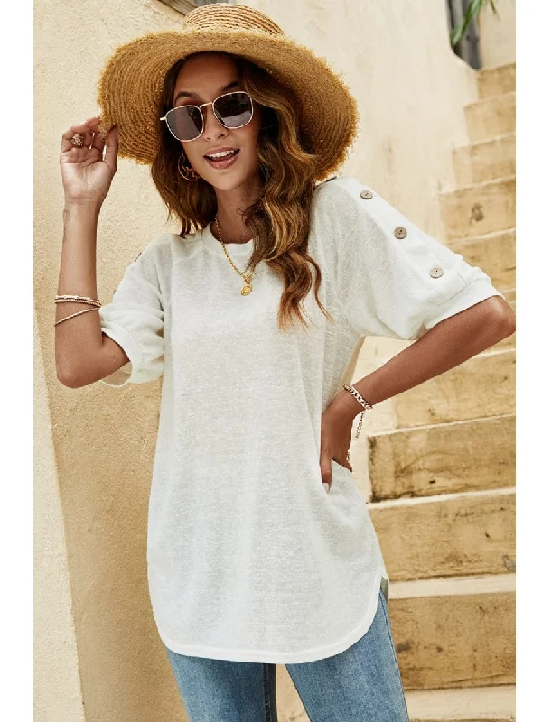 Loose Round Neck Button Casual Half-Sleeve T-Shirt Chenille Blend Fleece Blend Nylon Blend