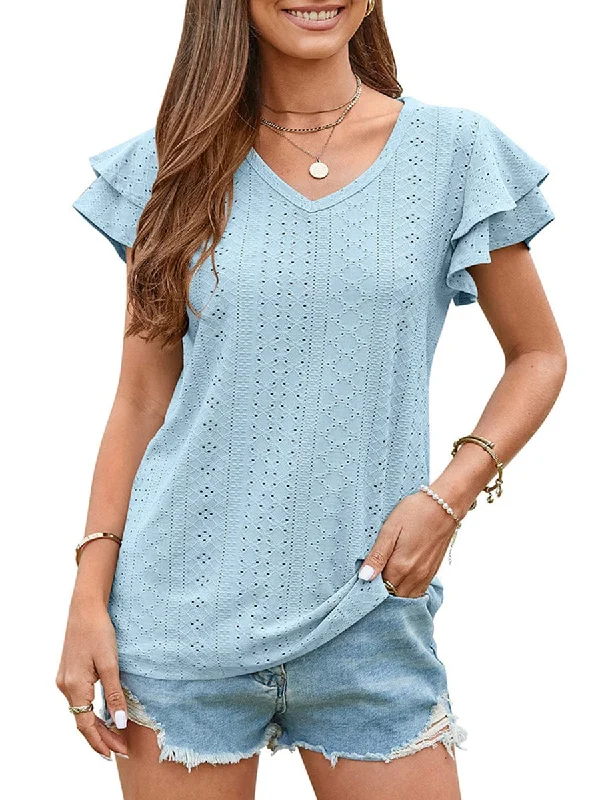 Solid Color Hollowed-Out Lotus Leaf Sleeve Casual T-Shirt Welt Pockets Slit Pockets Flap Pockets