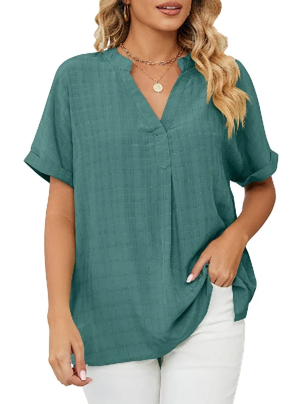 Solid V-Neck Loose Short Sleeve T-Shirt Lace Blend Ribbed Blend Corduroy Blend