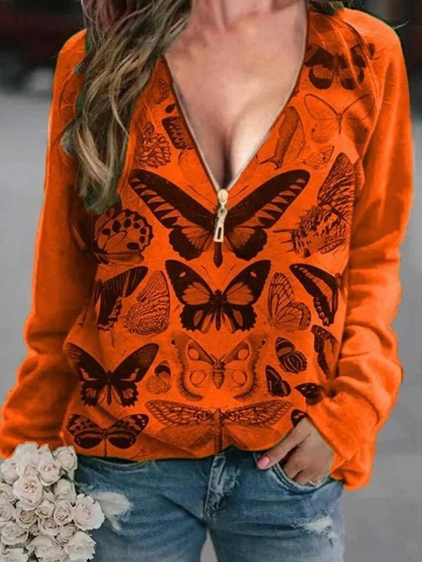 V-Neck Butterfly Print Zipper T-Shirt with Long Sleeves Ribbed Striped Patterned