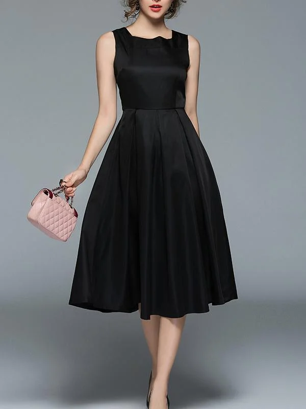 Black Waisted Sleeveless Midi Dress Trendy Flared Sleeve Midi Dress