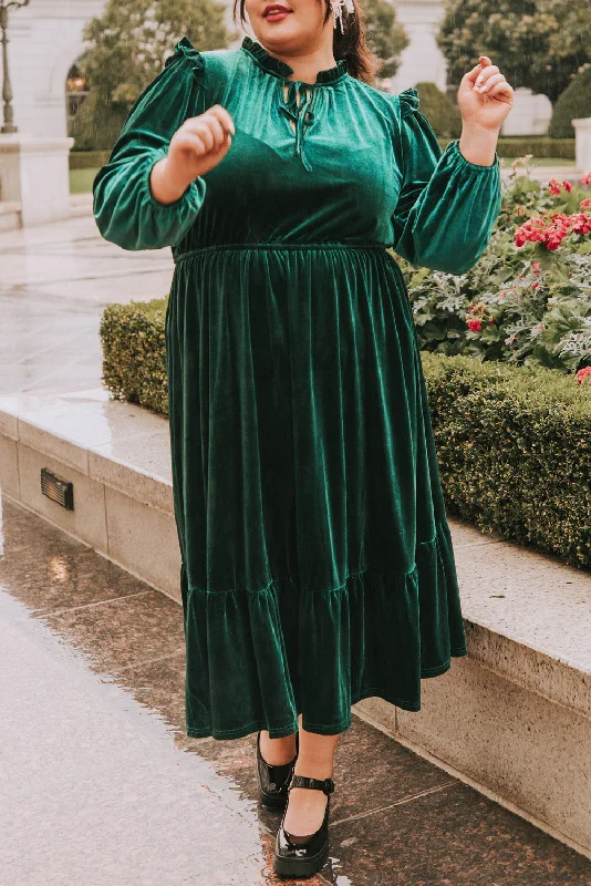 Blackish Green Velvet Frilled up Neck Ruffled High Waist Plus Size Midi Dress Fashionable Wide Leg Midi Dress