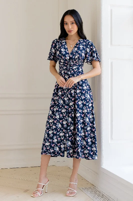 Blue Floral Print Short Sleeve Midi Dress Elegant Velvet Midi Dress