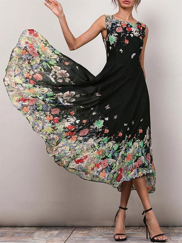 Casual Floral Print Sleeveless A-line Midi Dress Cozy Tie-Dye Midi Dress