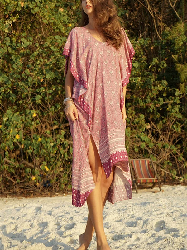 Casual Boho Bat Sleeve V Neck Summer Beach Midi Dress Fashionable High-Neck Midi Dress