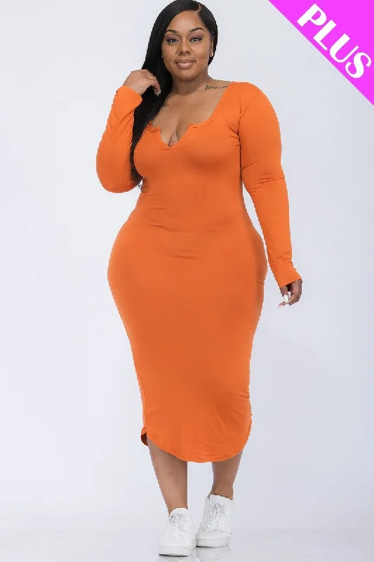 Plus Size Split Neck Long Sleeve Midi Dress Cozy T-shirt Midi Dress