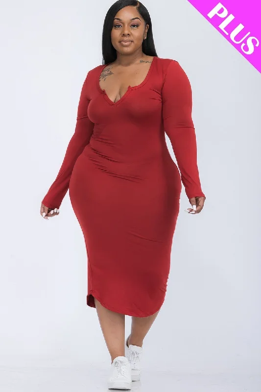 Plus Size Split Neck Long Sleeve Midi Dress Fashionable Off-Shoulder Dress Midi