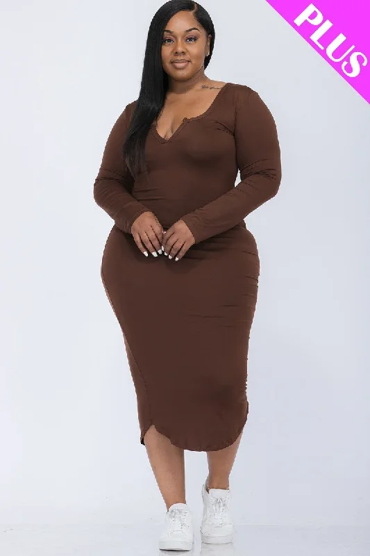 Plus Size Split Neck Long Sleeve Midi Dress Fashionable Shift Midi Dress