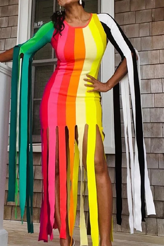 Color Block Dramatic Tassel Midi Dress Stylish Off-Shoulder Ruffle Dress