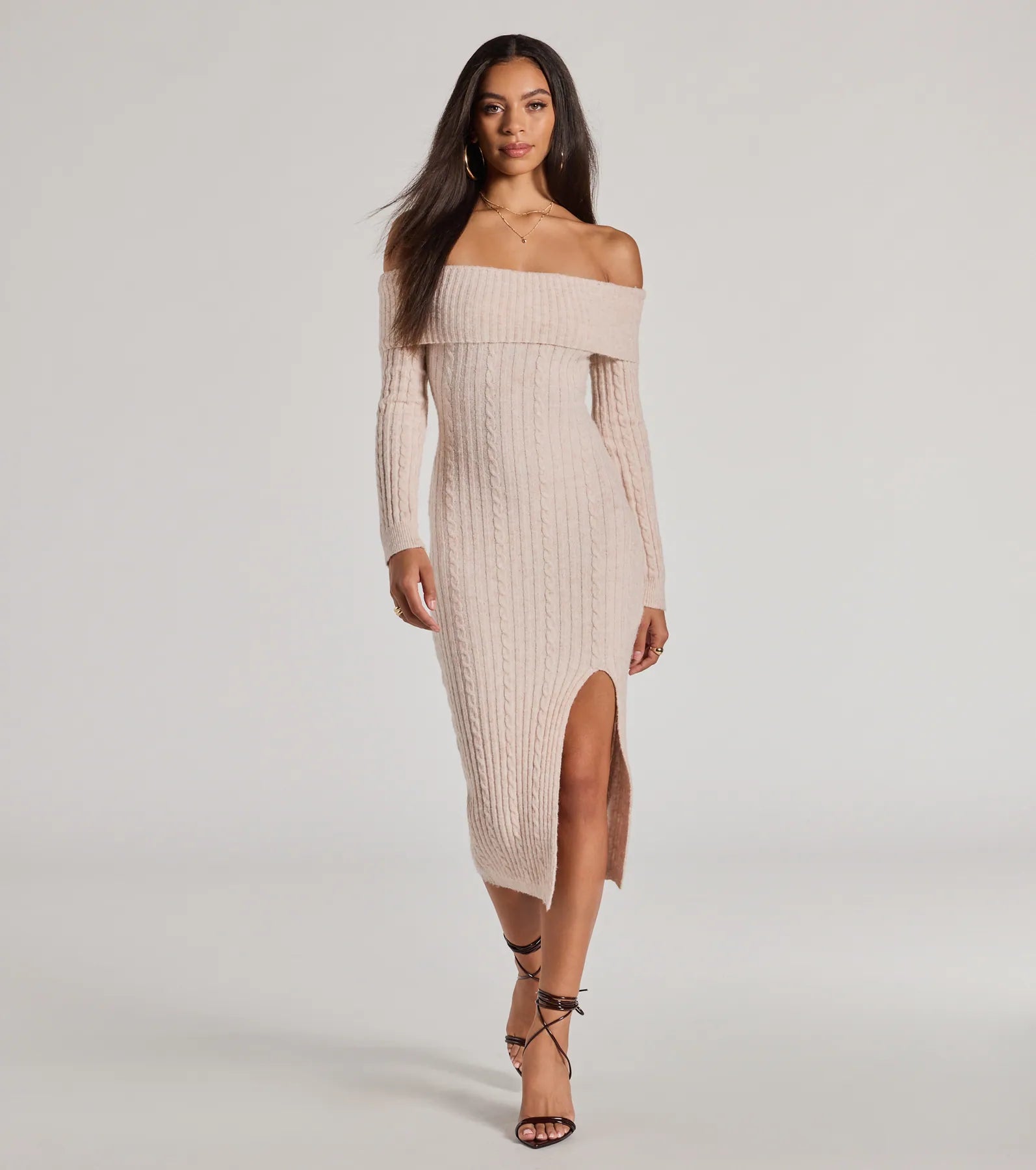 Cozy Luxe Cable Knit Off-The-Shoulder Midi Dress Elegant Floral Skirt Midi Dress