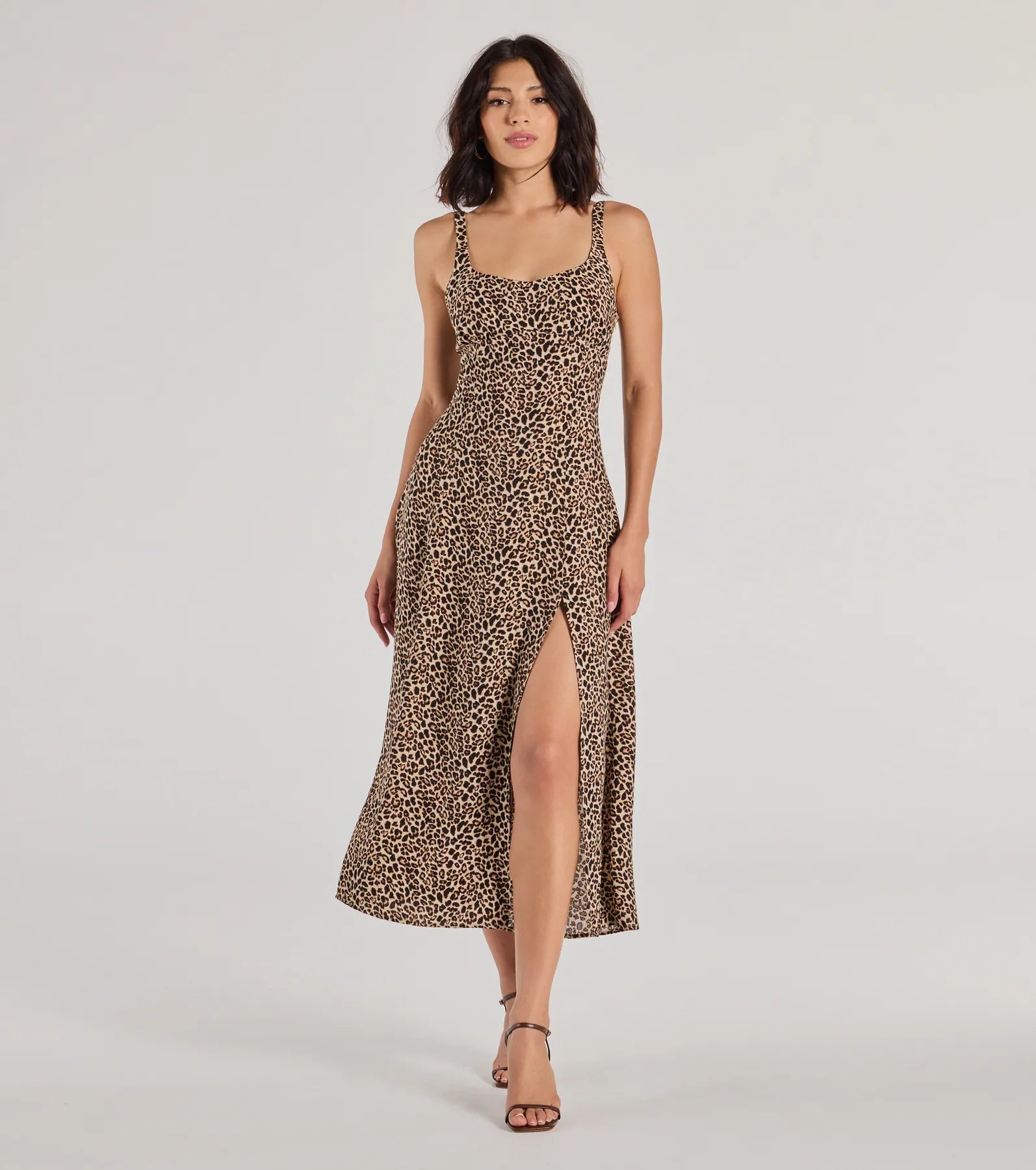 Elevated Leopard Print Woven A-Line Midi Dress Cozy Wide Strap Midi Dress