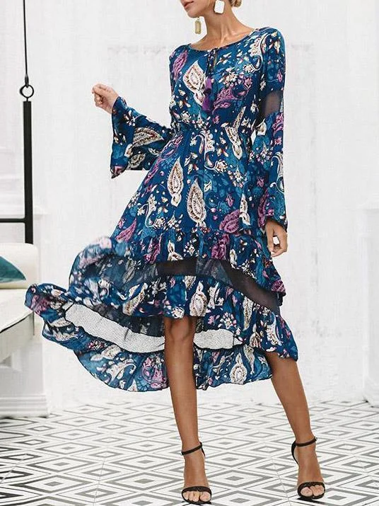 Floral Print Long Sleeve Irregular Midi Dress Stylish Satin Midi Dress