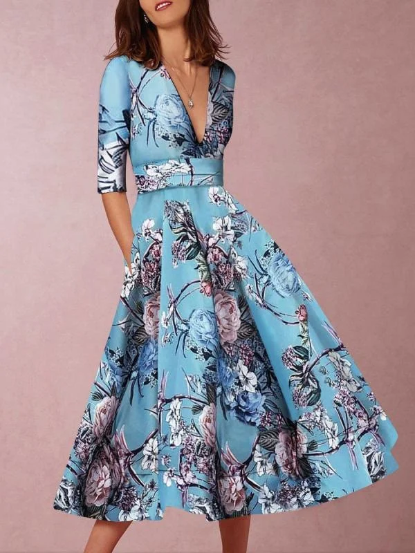 Floral Print V Neck Pleated Midi Dress Trendy Ruched Side Midi Dress