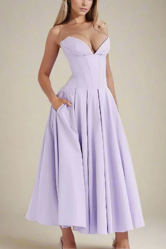 Gabbi Bodycon Midi Dress - Lavender Purple Elegant Satin Midi Dress