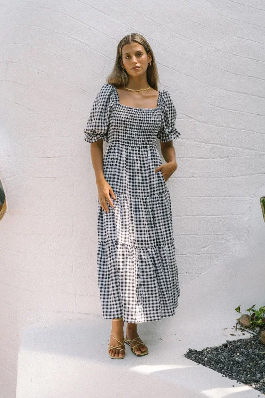 Gabrielle Black Gingham Puff Sleeve Tiered Midi Dress Trendy Flared Sleeve Midi Dress