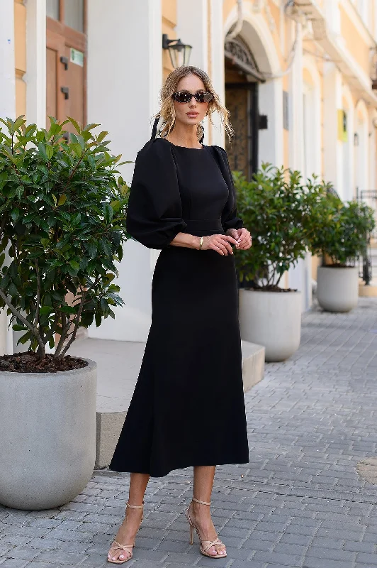 Julie Black Puff-Sleeve Midi Dress Cozy Midi Dress with Pockets