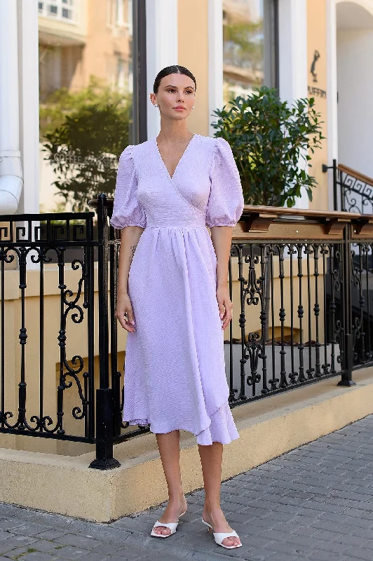 Lavender V-Neck Puff-Sleeve Midi Dress Stylish Halter Neck Midi Dress