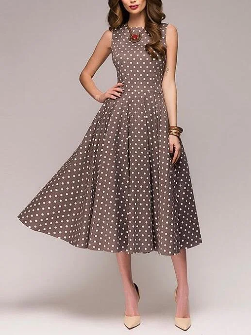 Polka Dot Sleeveless Summer Casual Midi Dress Elegant Lace Trim Midi Dress