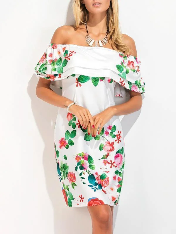 Printed Falbala Off Shoulder Midi Dress Elegant Floral Appliqué Midi Dress