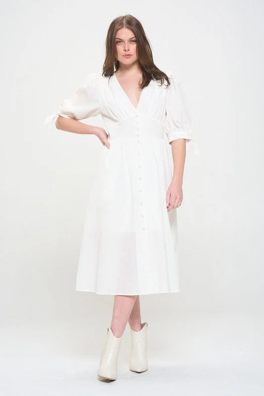 Puff Sleeve Button Down Midi Dress - Black, Off White - Plus Size Fashionable High-Neck Midi Dress