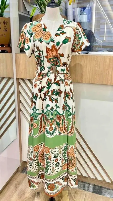 Sara - Green/Cream Floral Belted Midi Dress Elegant Floral Midi Dress