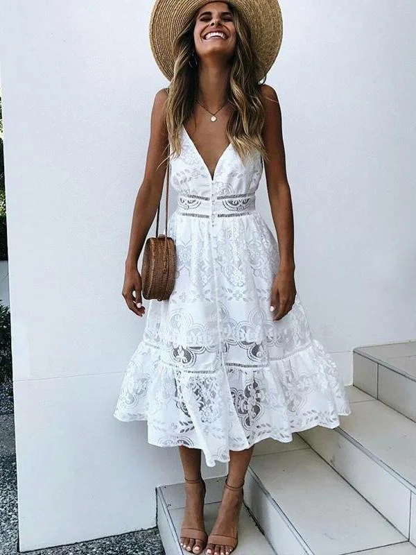 Sexy Deep V Neck Lace Summer White Midi Dress Fashionable Skater Midi Dress