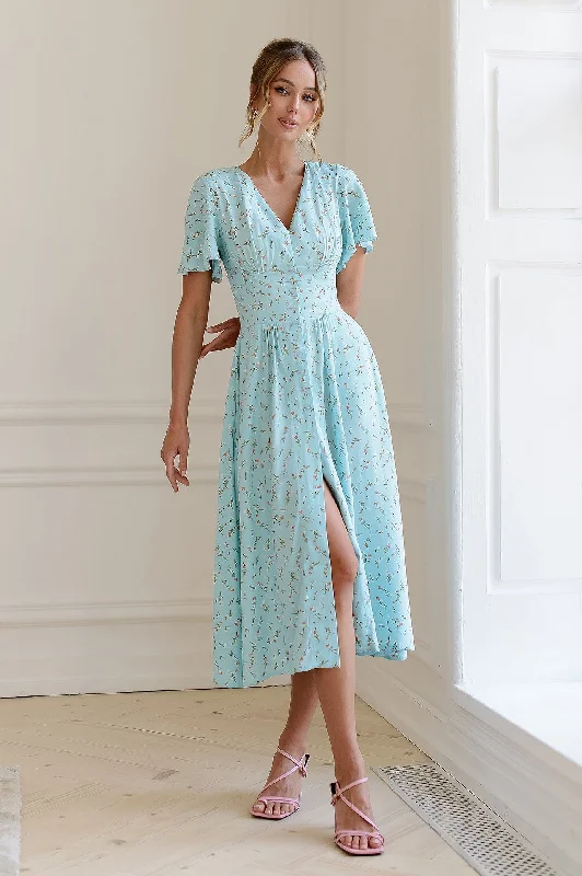 Sky-Blue Floral Print Short Sleeve Midi Dress Elegant Floral Appliqué Midi Dress