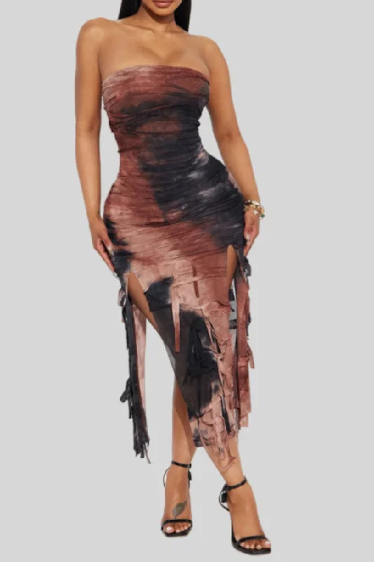 Tie Dye Strapless Flattering Tassel High Split Midi Dress Comfortable Adjustable Strap Midi Dress