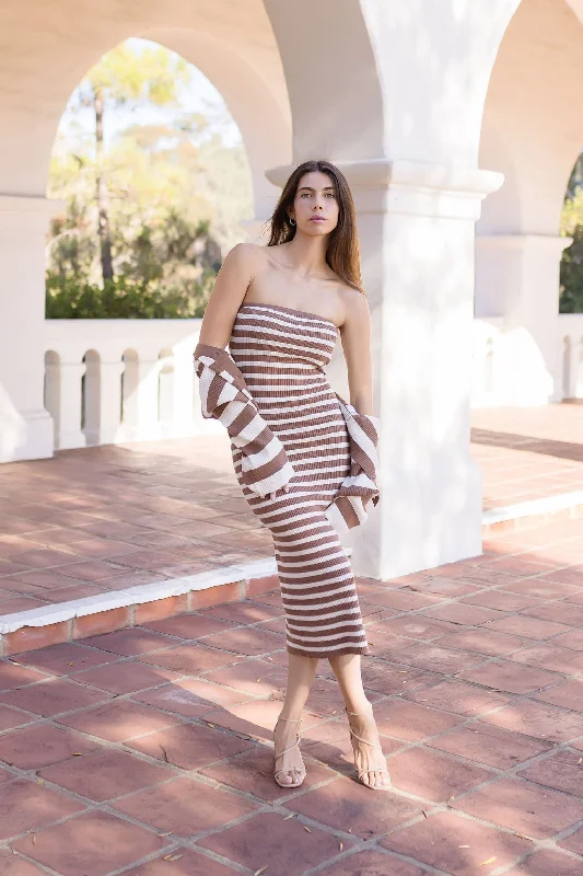 Trinity Sleeveless Stripe Print Knit Midi Dress And Cropped Cadigan Set Taupe Fashionable Plaid Midi Dress