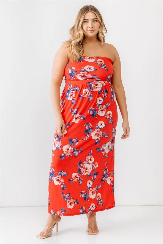 Plus Red Rose Print Ruched Strapless Midi Dress Trendy Ruffle Hem Midi Dress