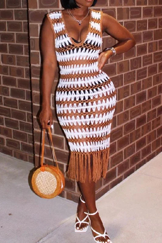 Wavy Lines Crochet Cutout Stunning Tassel Midi Dress Beachwear Comfortable Denim Midi Dress