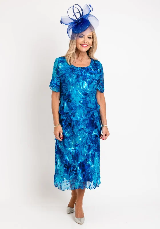 Allison Printed Silk Layered Midi Dress, Royal Blue Stylish Tiered Midi Dress