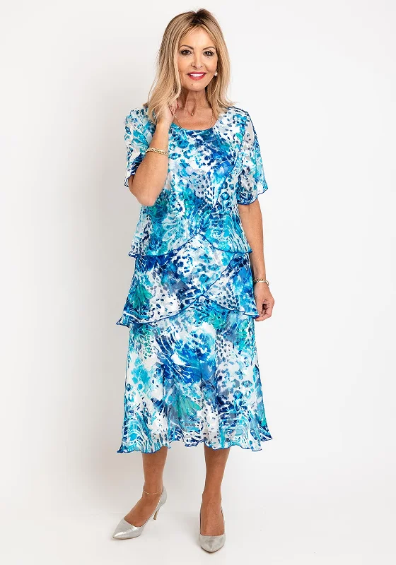 Allison Printed Silk Layered Midi Dress, Blue Trendy Smocked Waist Midi Dress