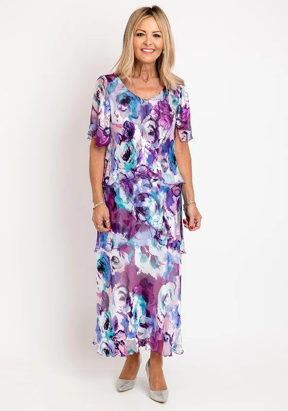 Allison Floral Silk Layered Midi Dress, Purple Trendy Ruffled Sleeve Midi Dress