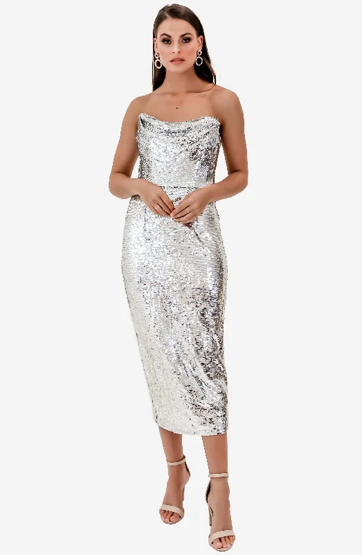 Irene Cowl Sequin Midi Dress by Bariano Fashionable Pencil Midi Dress