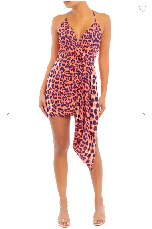 Neon Leopard Mini Dress Trendy Wraparound Mini Dress