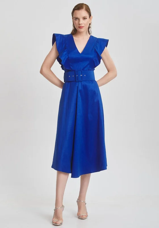 Camelot Shimmer Ruffle Midi Dress, Royal Blue Fashionable Chiffon Midi Dress