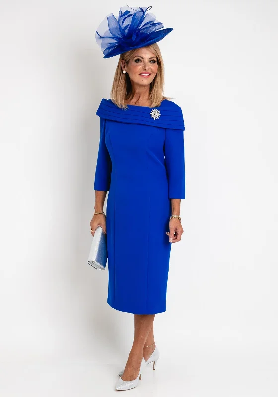 Cassandra Bardot Neckline Pencil Midi Dress, Royal Blue Trendy A-Line Midi Dress