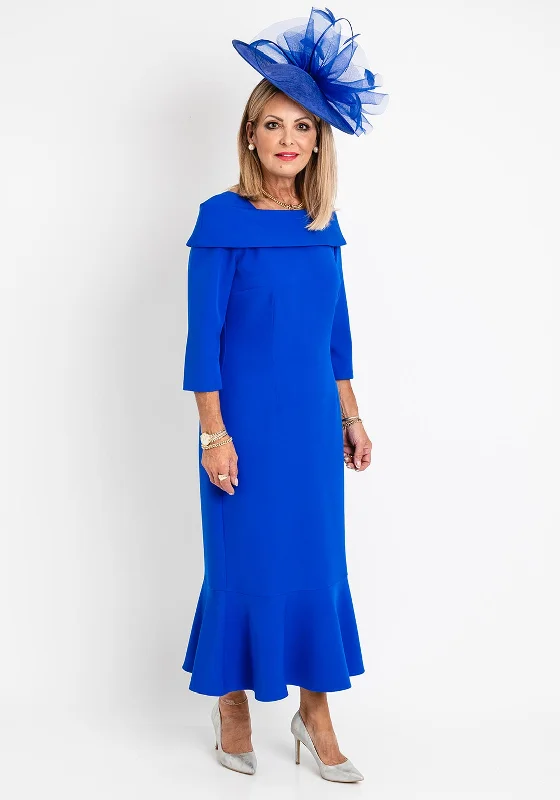 Cassandra Fishtail Midi Dress, Royal Blue Elegant Pleated Sleeve Midi Dress