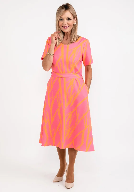 Coco Doll Anita Print Midi Dress, Pink & Orange Elegant Maxi-Midi Hybrid Dress