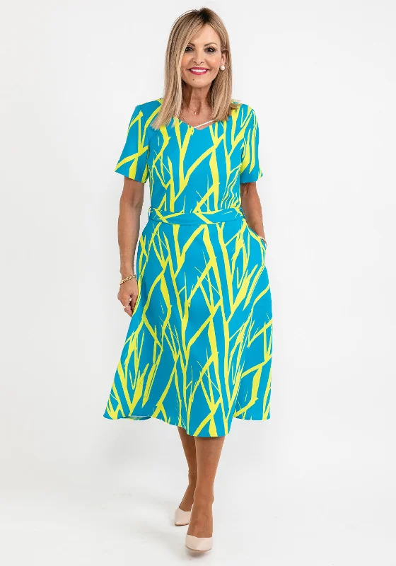 Coco Doll Anita Print Midi Dress, Teal & Lime Comfortable Casual Midi Dress