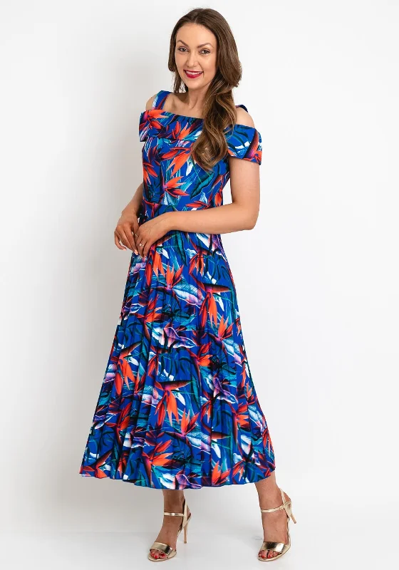 Coco Doll Floral Print Pleated Midi Dress, Royal Blue & Orange Trendy Bodycon Midi Dress