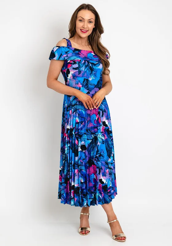 Coco Doll Floral Print Pleated Midi Dress, Royal Blue Multi Stylish Off-Shoulder Ruffle Dress