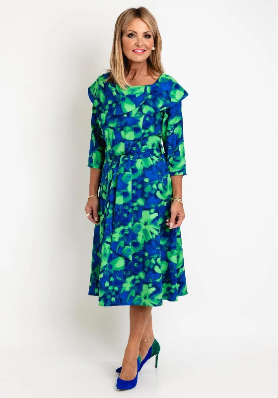 Coco Doll Hasta Soft Floral Print Midi Dress, Blue & Lime Comfortable Short Sleeve Midi Dress